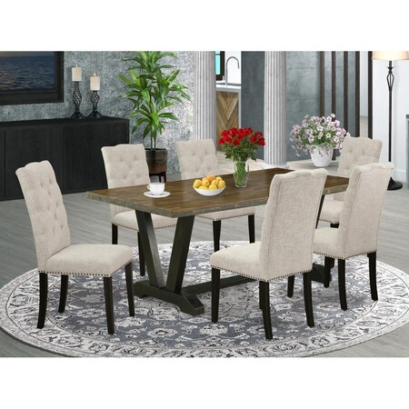 East West Furniture 7 Piece V-Style Dining Room Table Set - Doeskin V677EL635-7